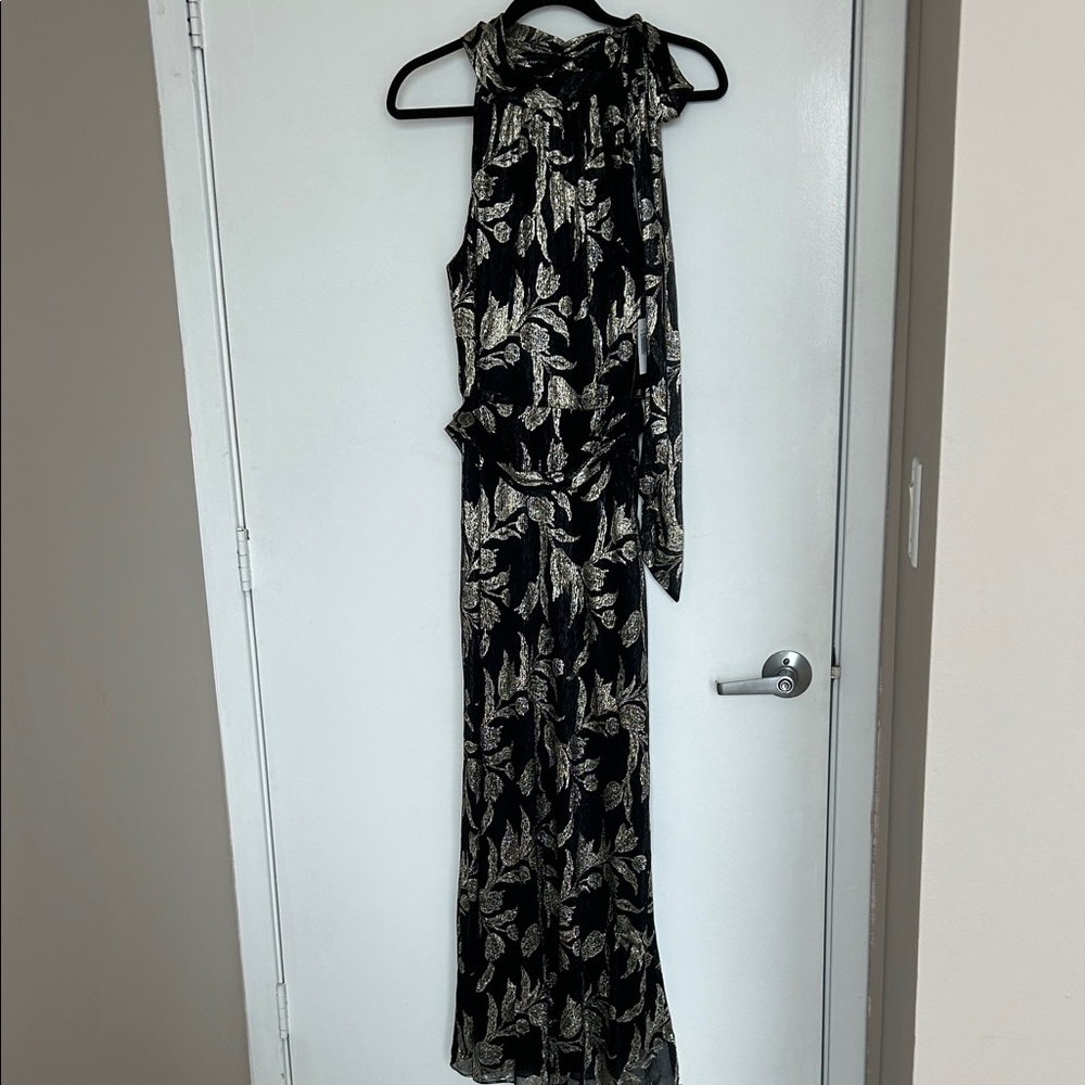 Betsy & Adam Black Maxi Dress with Metallic Gold Leaf Print and Tie Neck